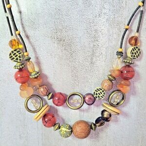 Vintage 20 inch Statement Necklace Wood Red Agate Bimini Glass African Beads